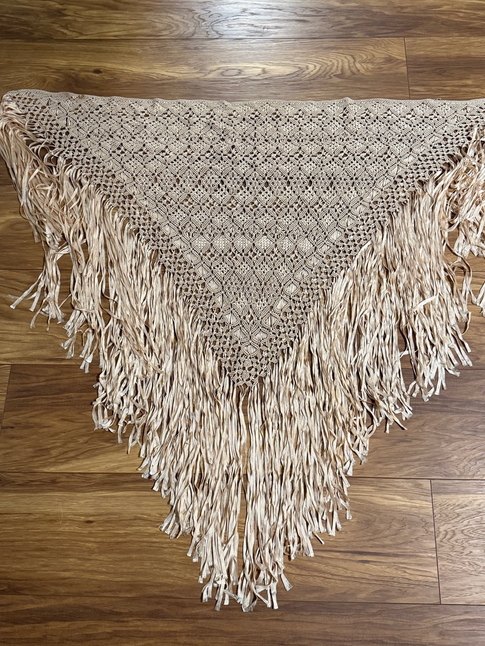Hand-Knotted Macramé Fringe Triangle Shawl Wrap – Boho Festival Beige/Cream - Picture 2 of 10